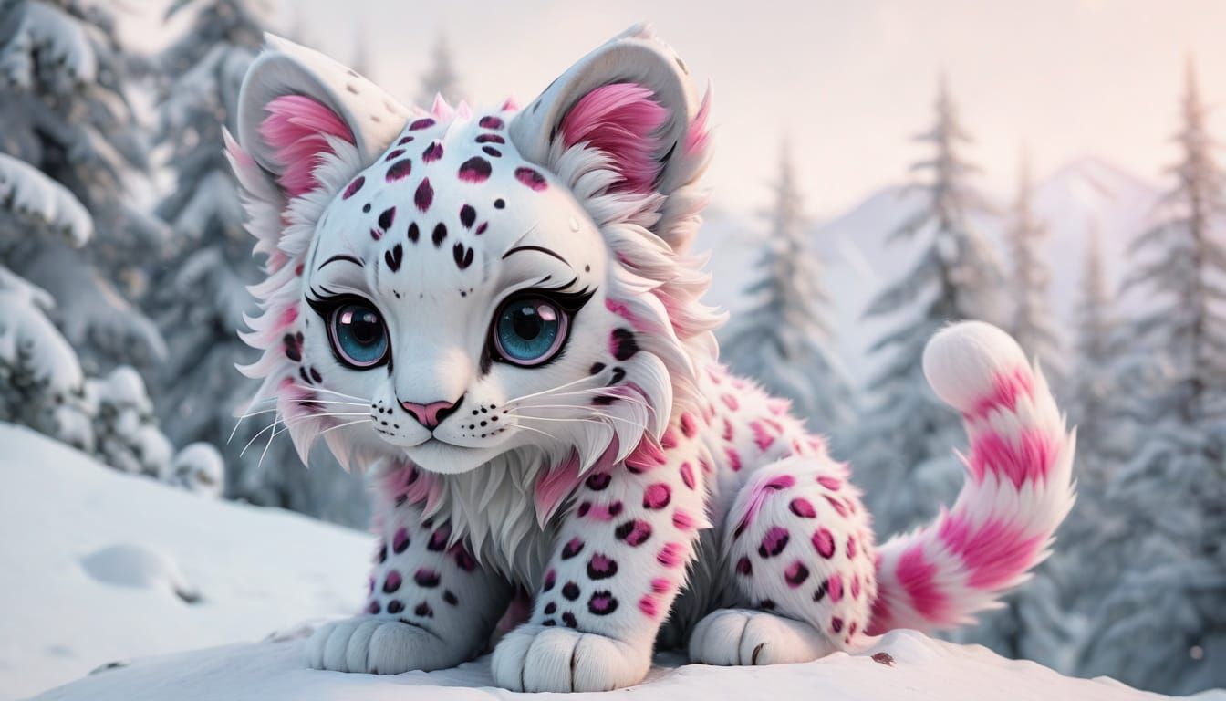 Kawaii Snow Leopard with Pink Ears
