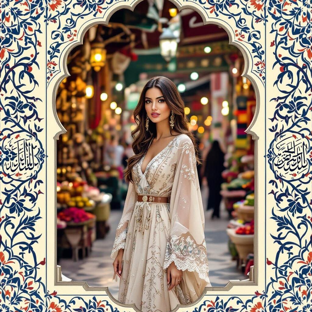 Woman in Marketplace: Traditional Islamic Art Style