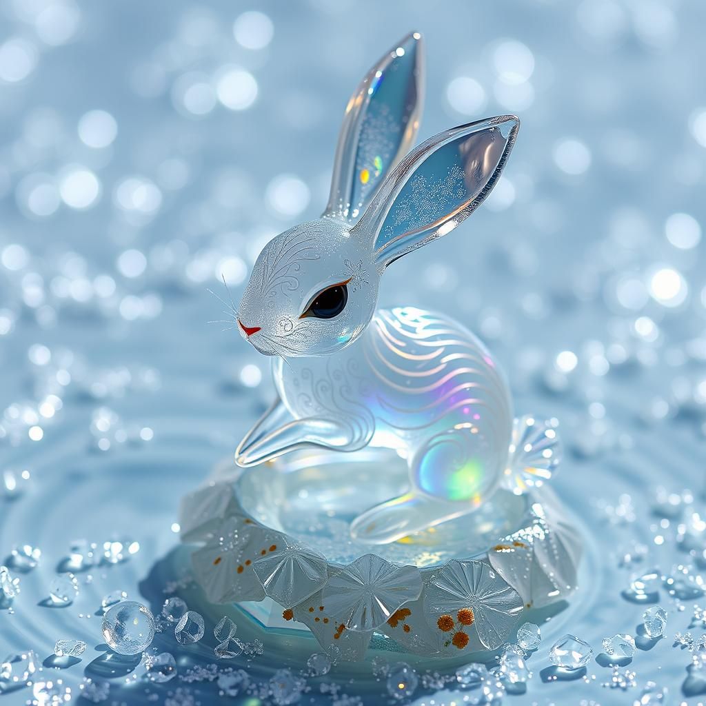 Crystal Island with Iridescent Glass Rabbit