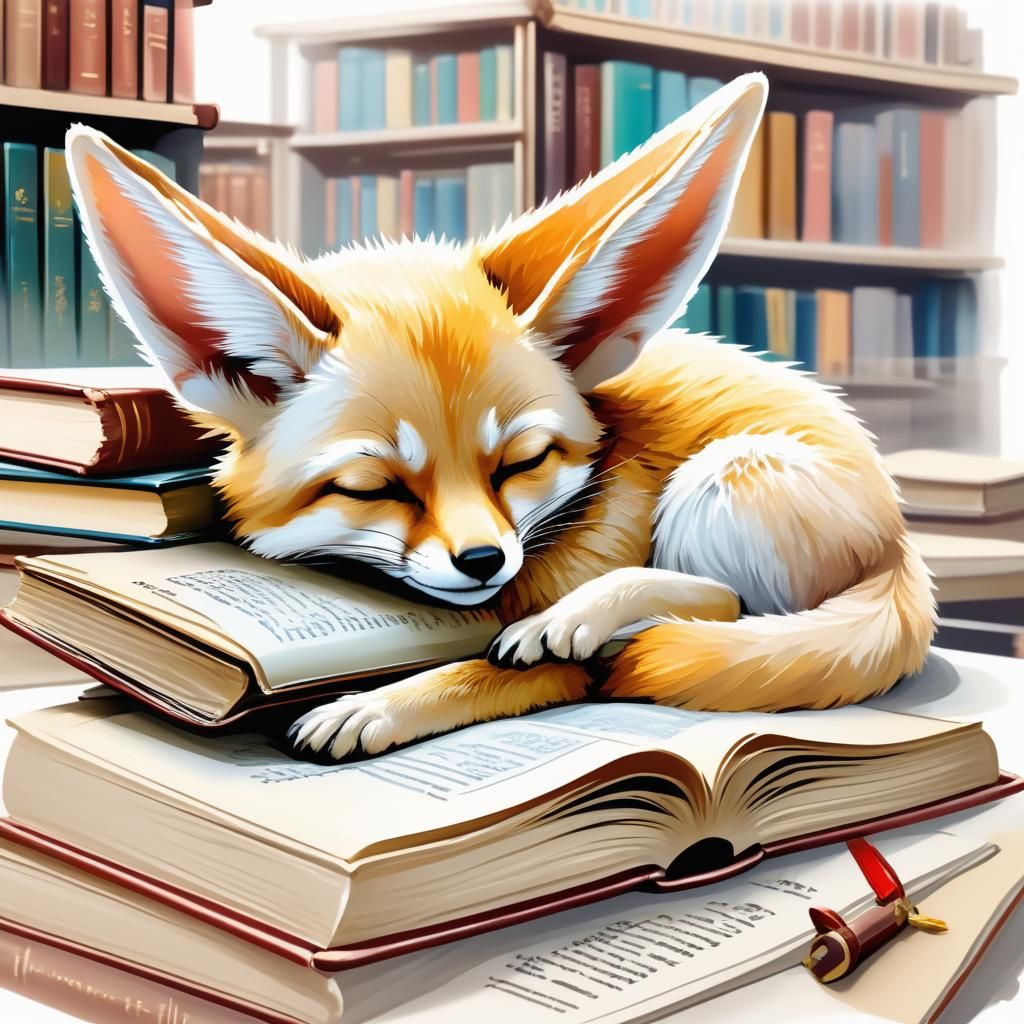 Fennec Fox Sleeping in Library, Miyazaki Style