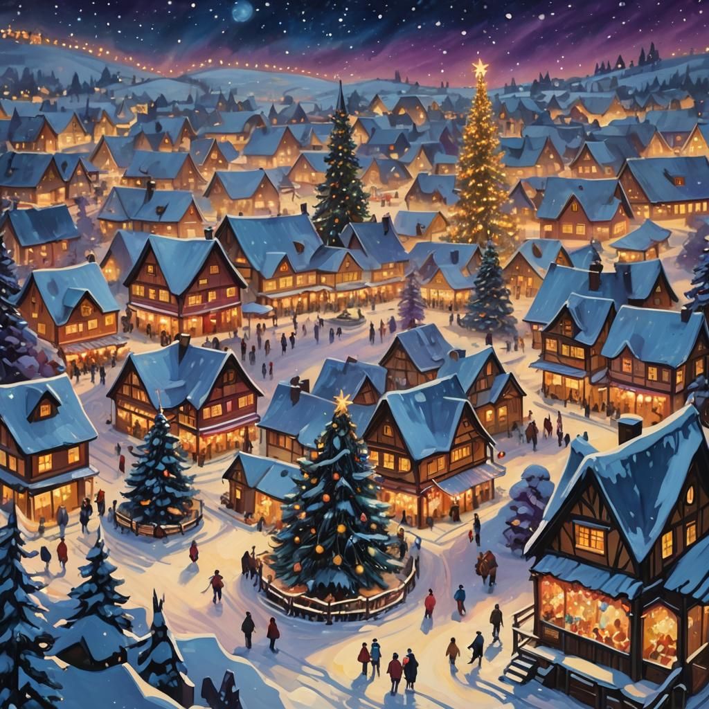 Enchanting Christmas Village: Oil Painting in Winter Wonderl...