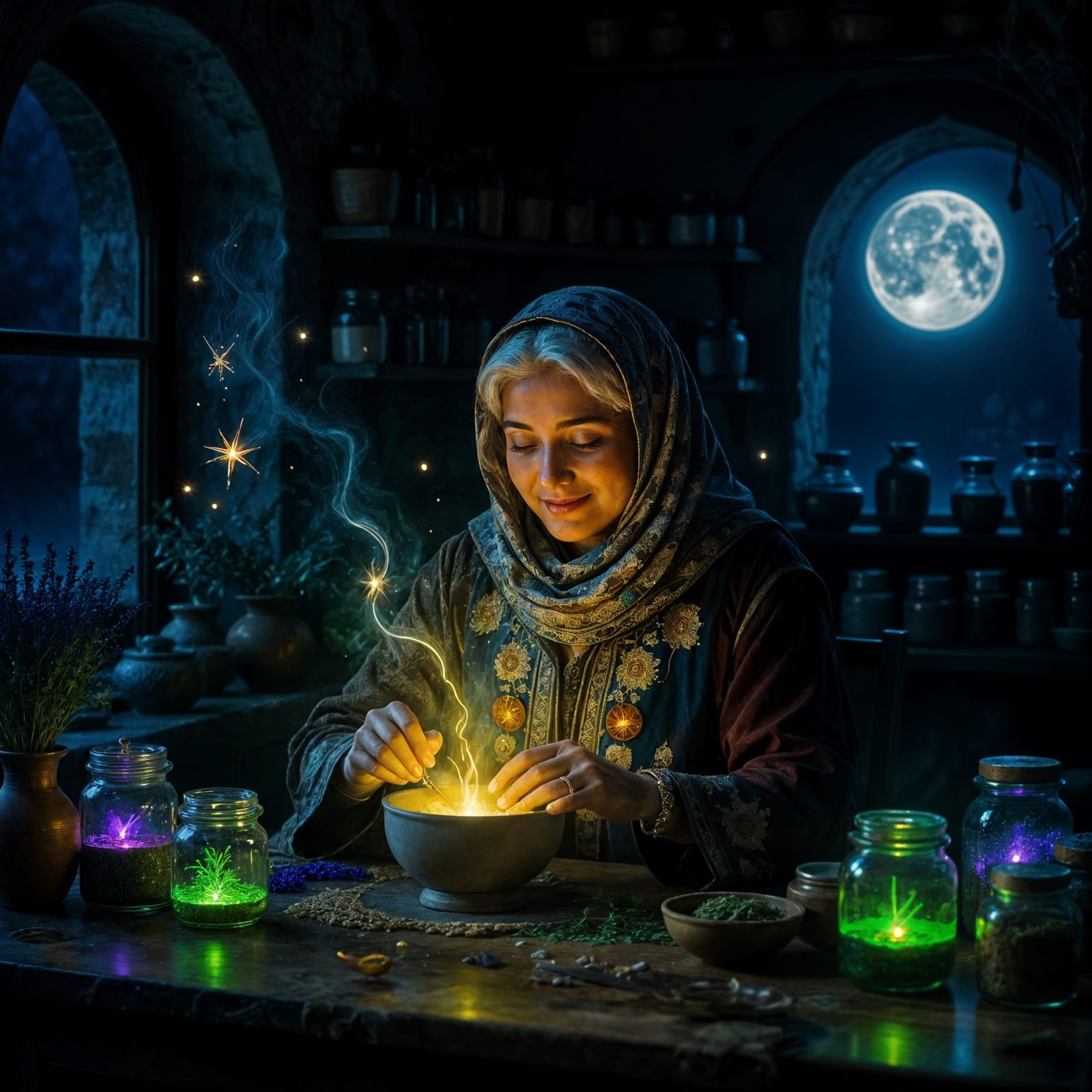 Palestinian Potion Maker Grinding Herbs in Sunlit Workshop