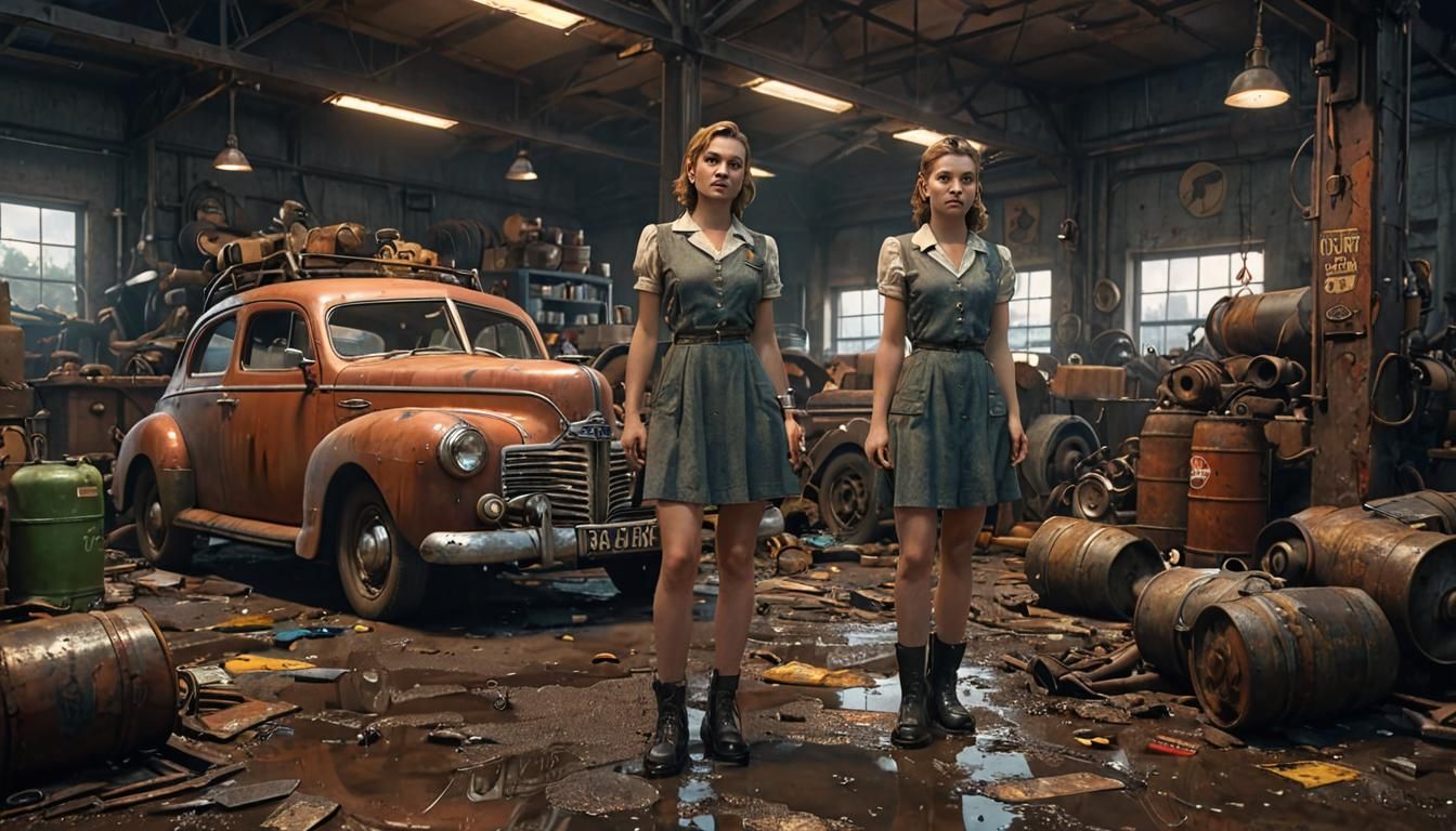 Dieselpunk Girl in 1940s Industrial Workshop at Sunset