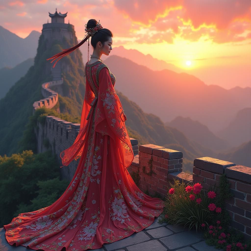 Chinese Maiden on the Great Wall at Sunset