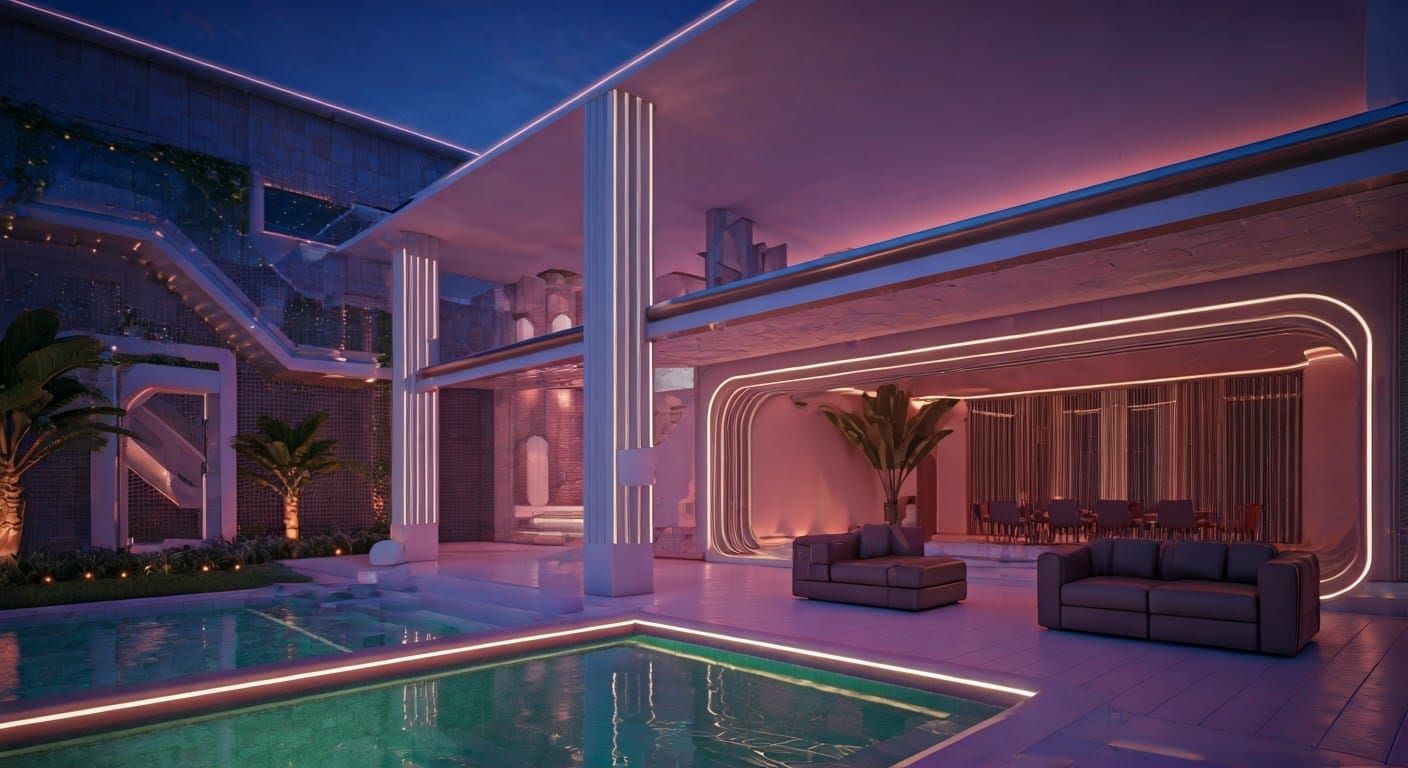 Luxurious Space Age Patio with Geometric Pool, Hyperrealism