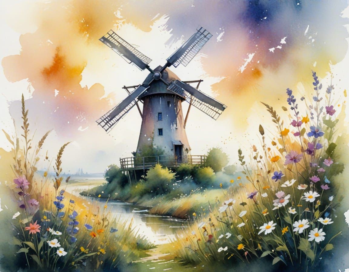 Whimsical Watercolour Windmill in Lush Netherlands Landscape