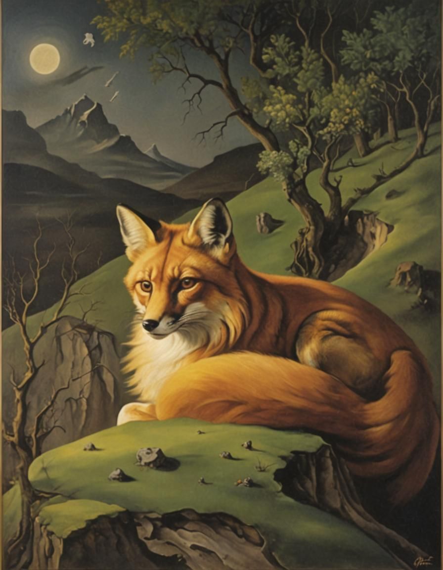 Surreal Fox in Melting Landscape, Dali Style