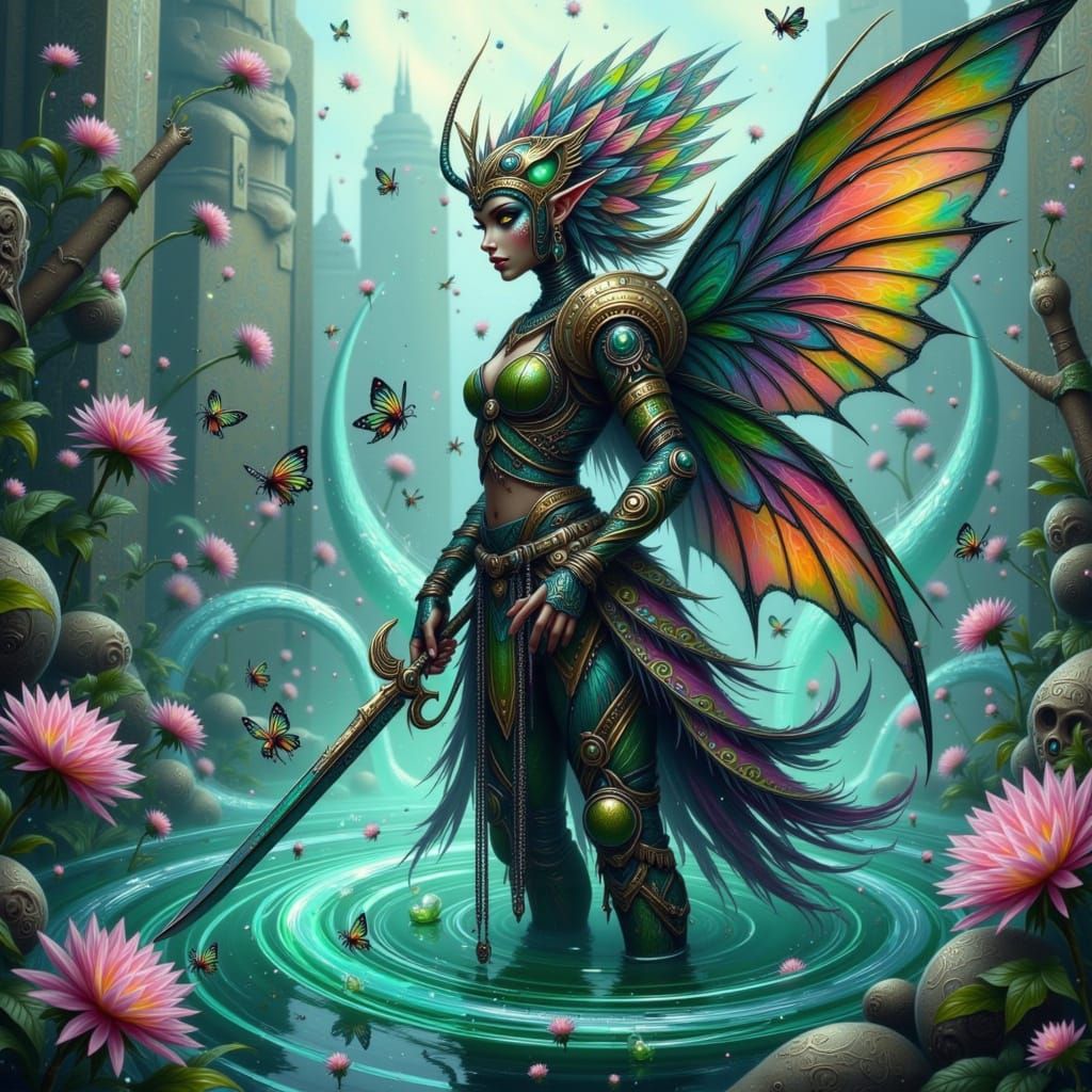 Cyberpunk Fae Warrior at Aztec Temple's Edge