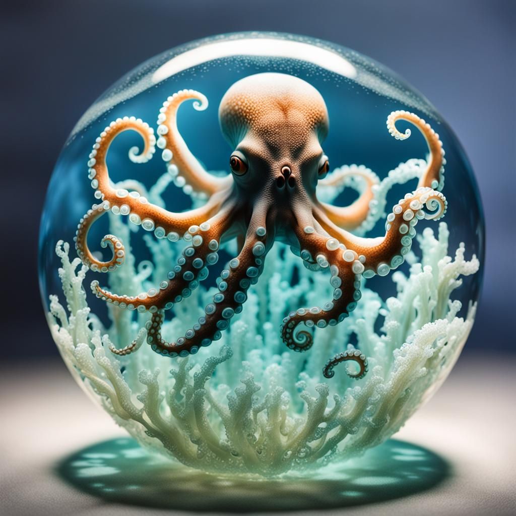 Underwater Bioluminescent Octopus in Reflective Bubble