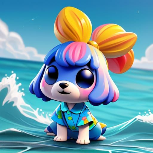 Dog Surfing in Hawaiian Shirt, Funko Pop Style