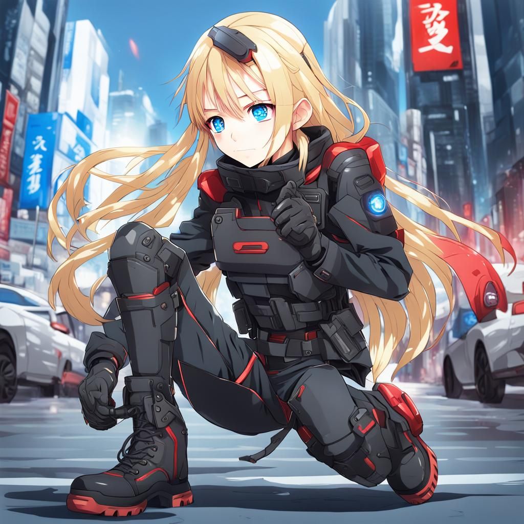 Anime Girl in Stealth Suit and Combat Boots