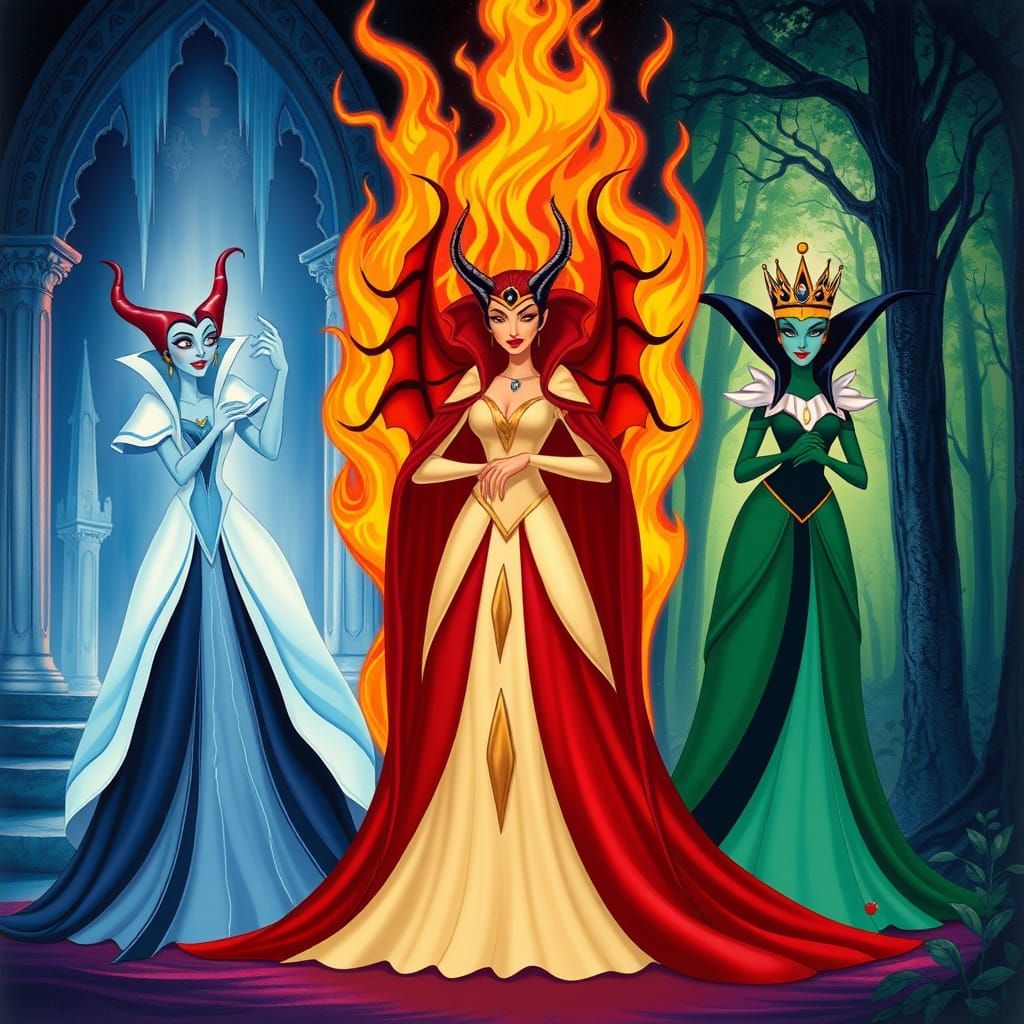 Regal Villain Queens in Vintage Disney Style
