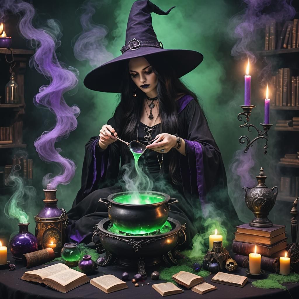 Gothic Witch Brewing Potion in Forest