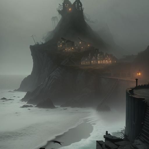Eerie Cliffside Fishing Village in Lovecraftian Horror Style