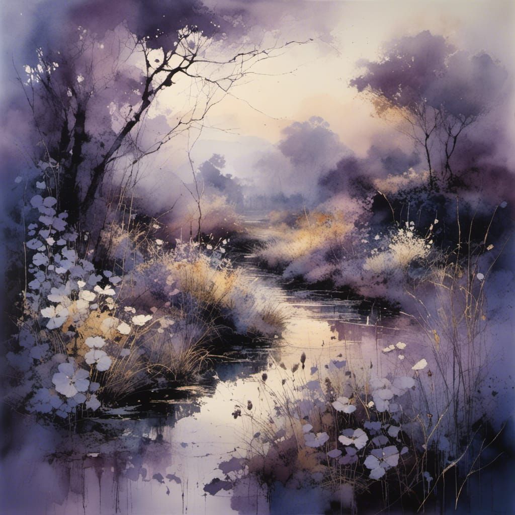 Enchanted Garden in Violet Light: Watercolor Art