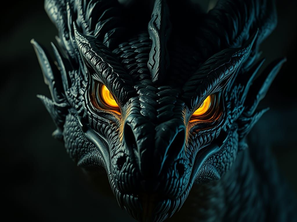 Close-up of a Dark Dragon's Head with Glowing Eyes