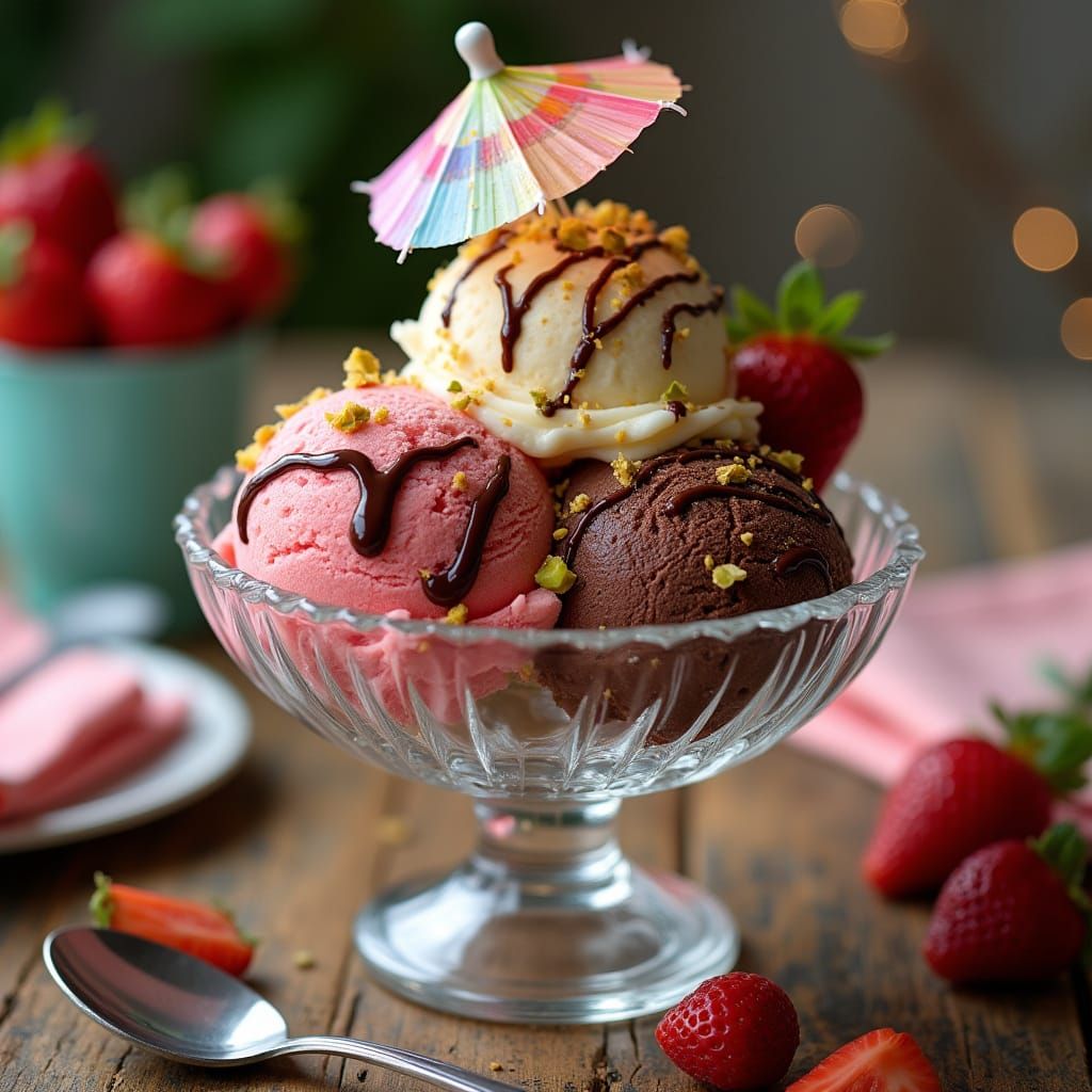 Decadent Ice Cream Parfait in a Glass Bowl with Whimsical Ac...