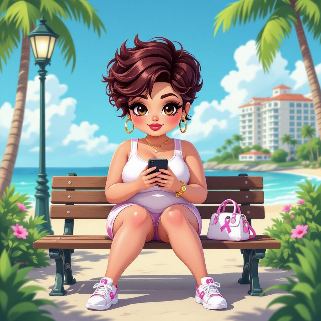 Regal Woman on Beach in Chibi-Bratz Anime Style