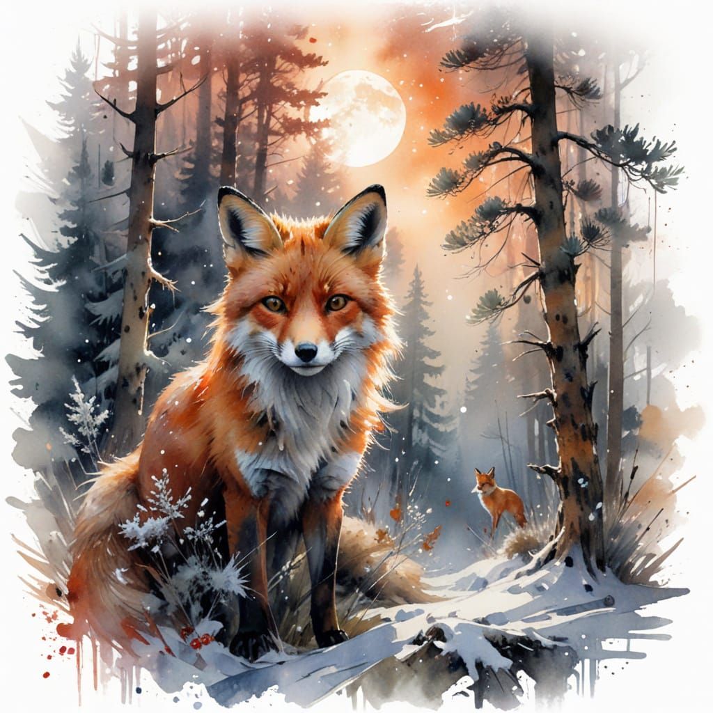 Red Fox in Moonlit Winter Forest: Watercolour Style