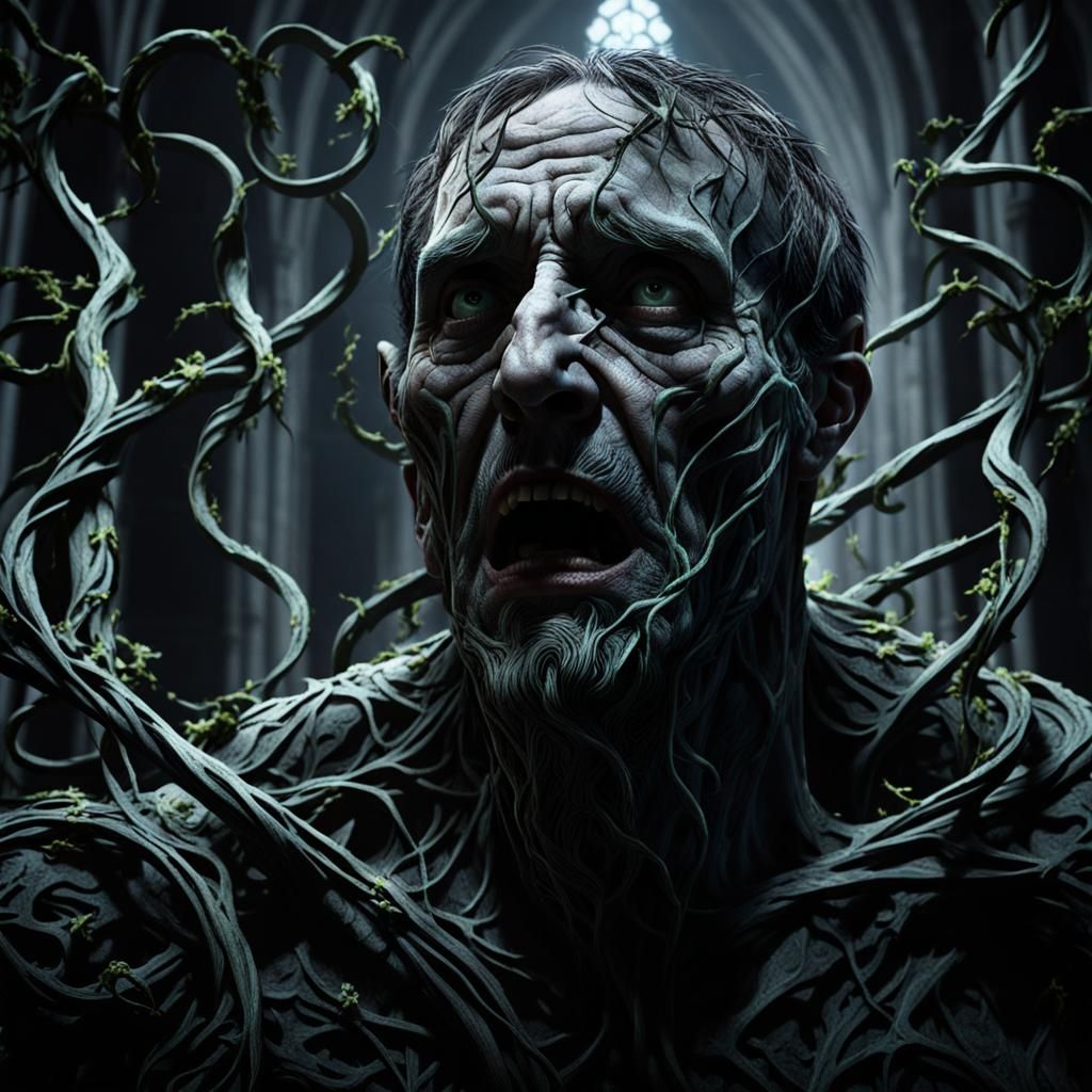 Terrified Figure Consumed by Vines in Gothic Cathedral