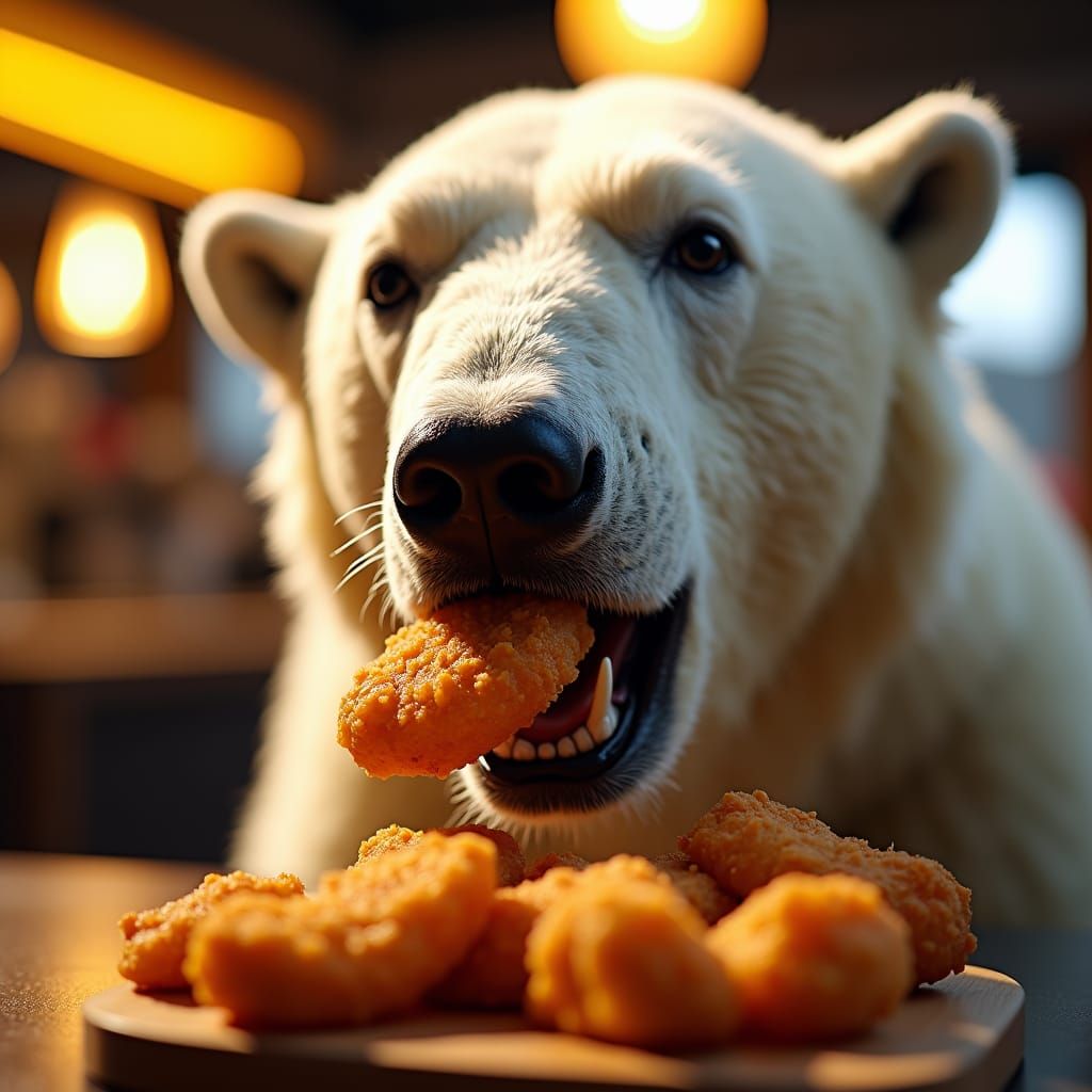 A polar bear is eating chicken nuggets