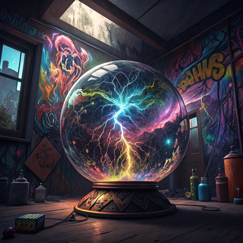 Tesla Sphere in Dark Room: Graffiti Splash Art