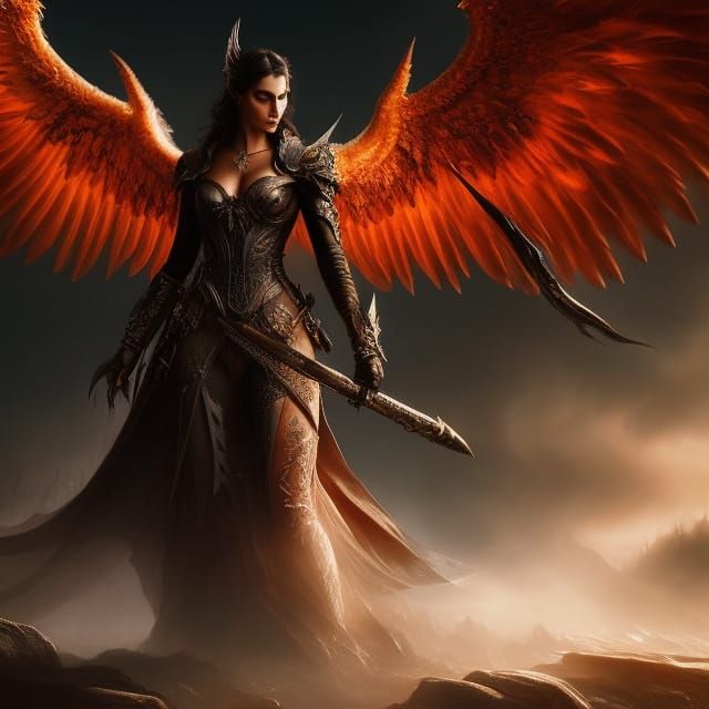 Fallen Angel with Black Wings in a Dark Landscape