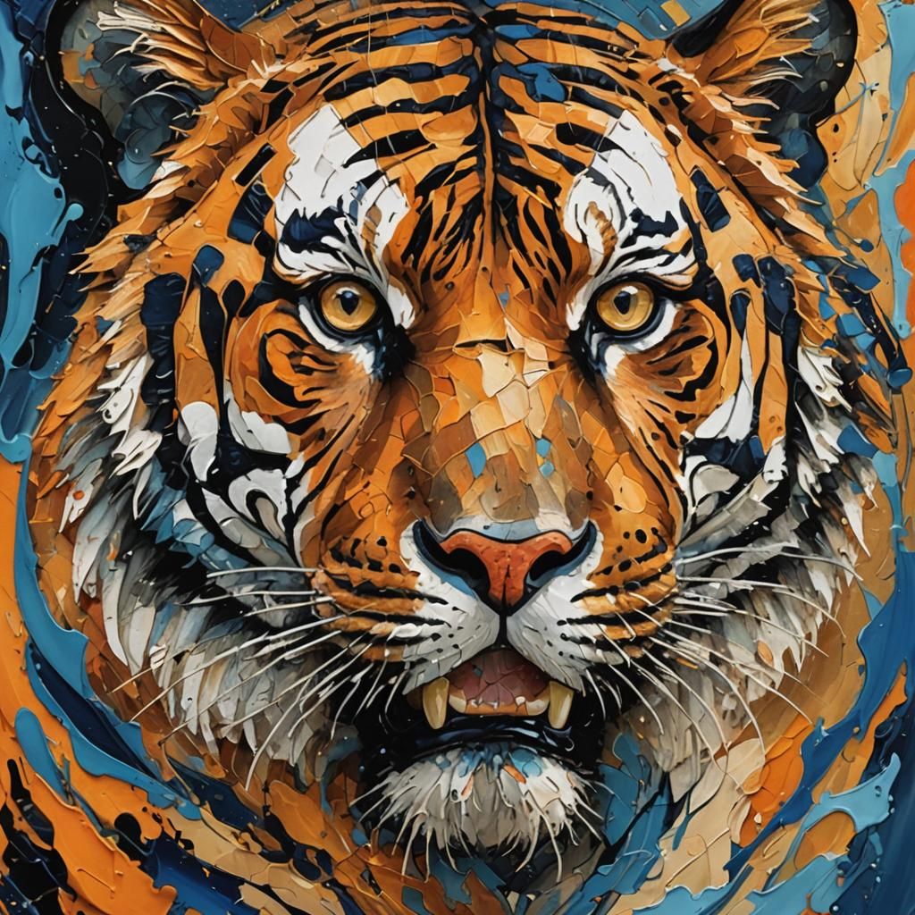 Abstract Expressionist Tiger Portrait in Blue and Orange