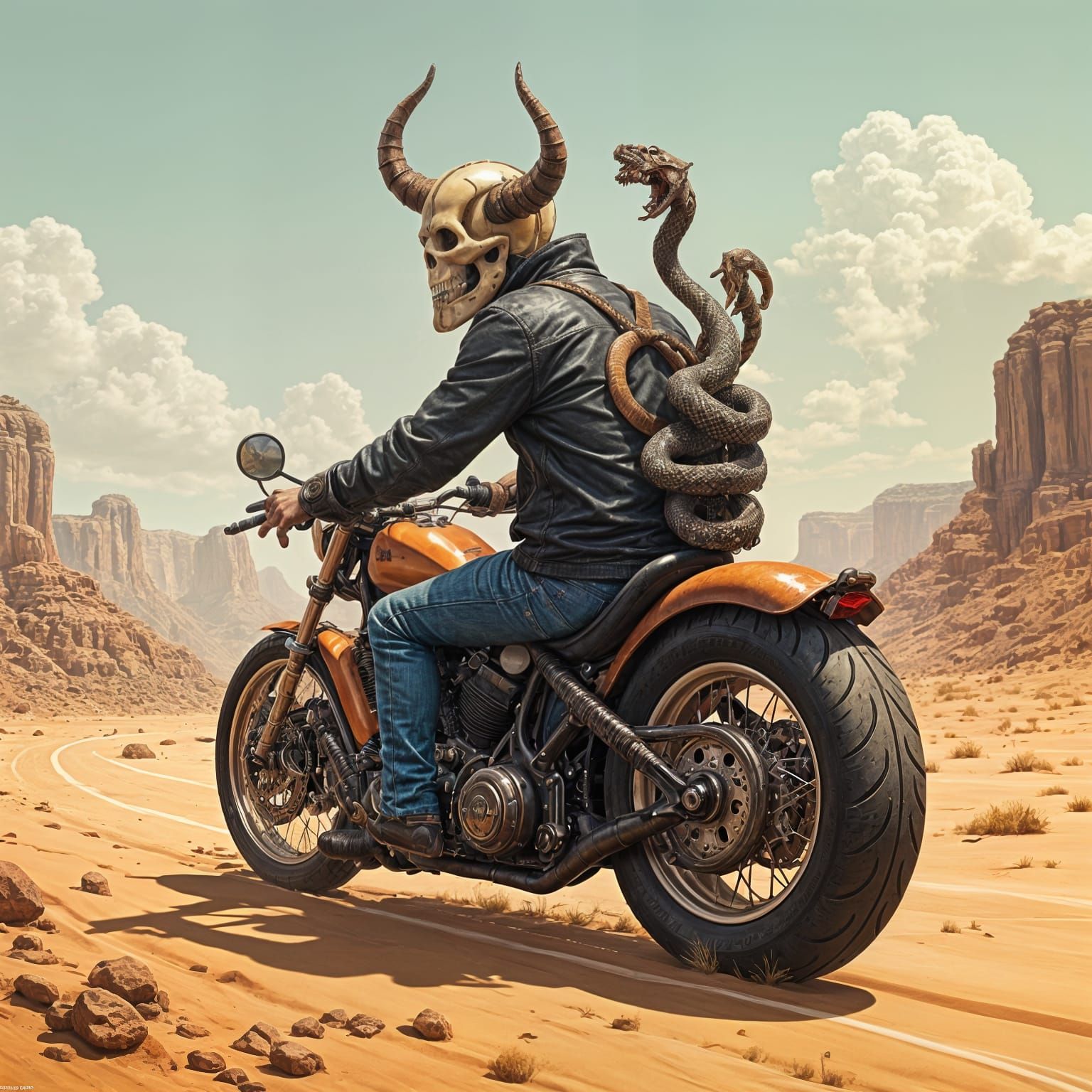 Surreal Desert Rider: A Fantastical Motorcycle Demonic Figur...