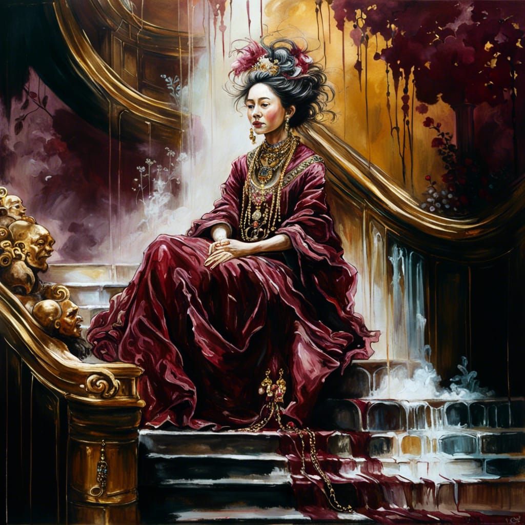 Japanese Empress on Staircase: Baroque Oil Painting