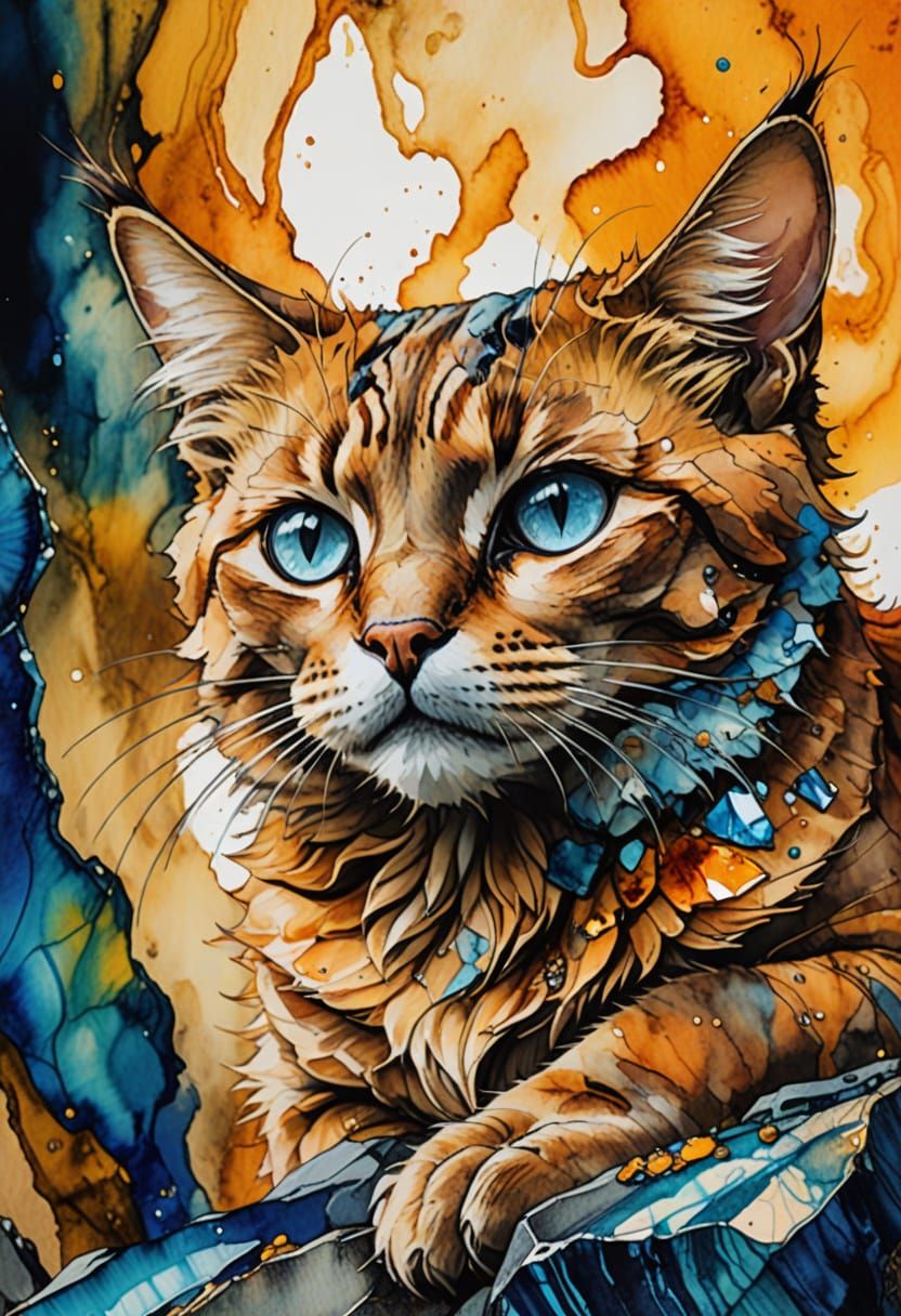 Whimsical Cat Portrait in Watercolor Alcohol Ink Style