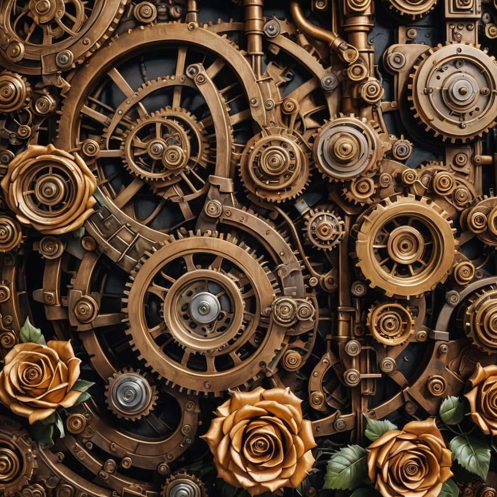 Steampunk Engine with Embossed Roses Oil Painting
