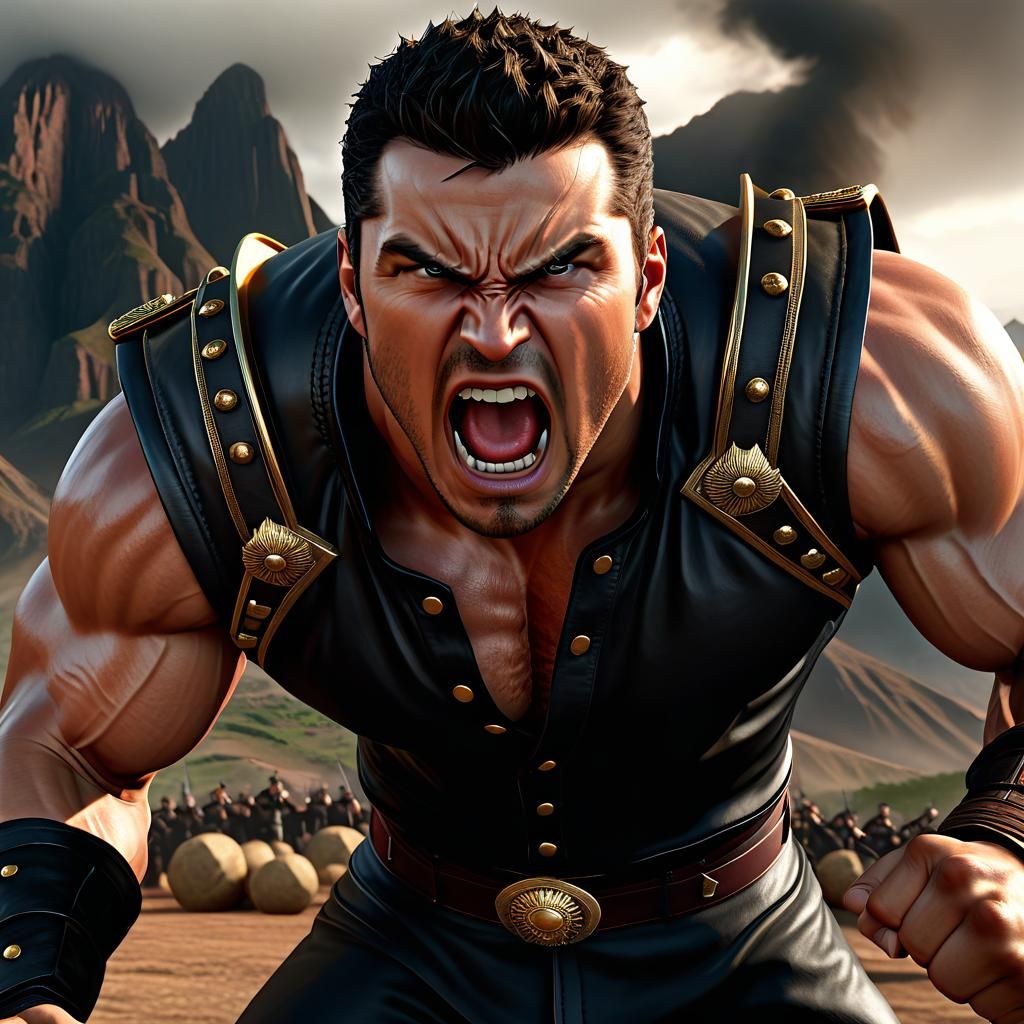 Enraged Man Yelling Angrily in Stormy Landscape