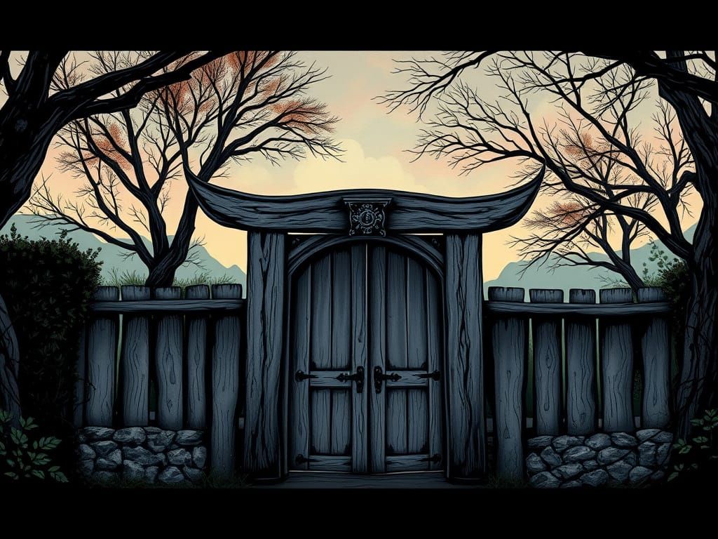 Majestic Arched Wooden Gate in Deep Fantasy Colors