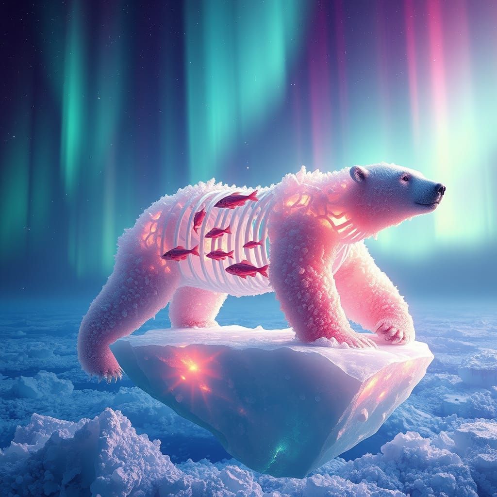 Glowing Polar Bear Drifts on Soda Ocean Amidst Aurora Boreal...