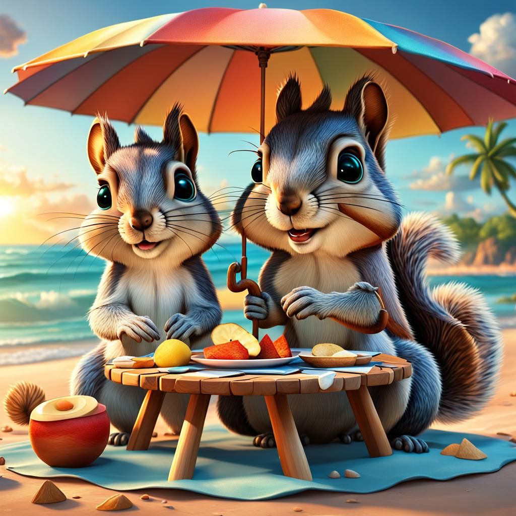 Tropical Sunset with Happy Squirrel Family Picnic