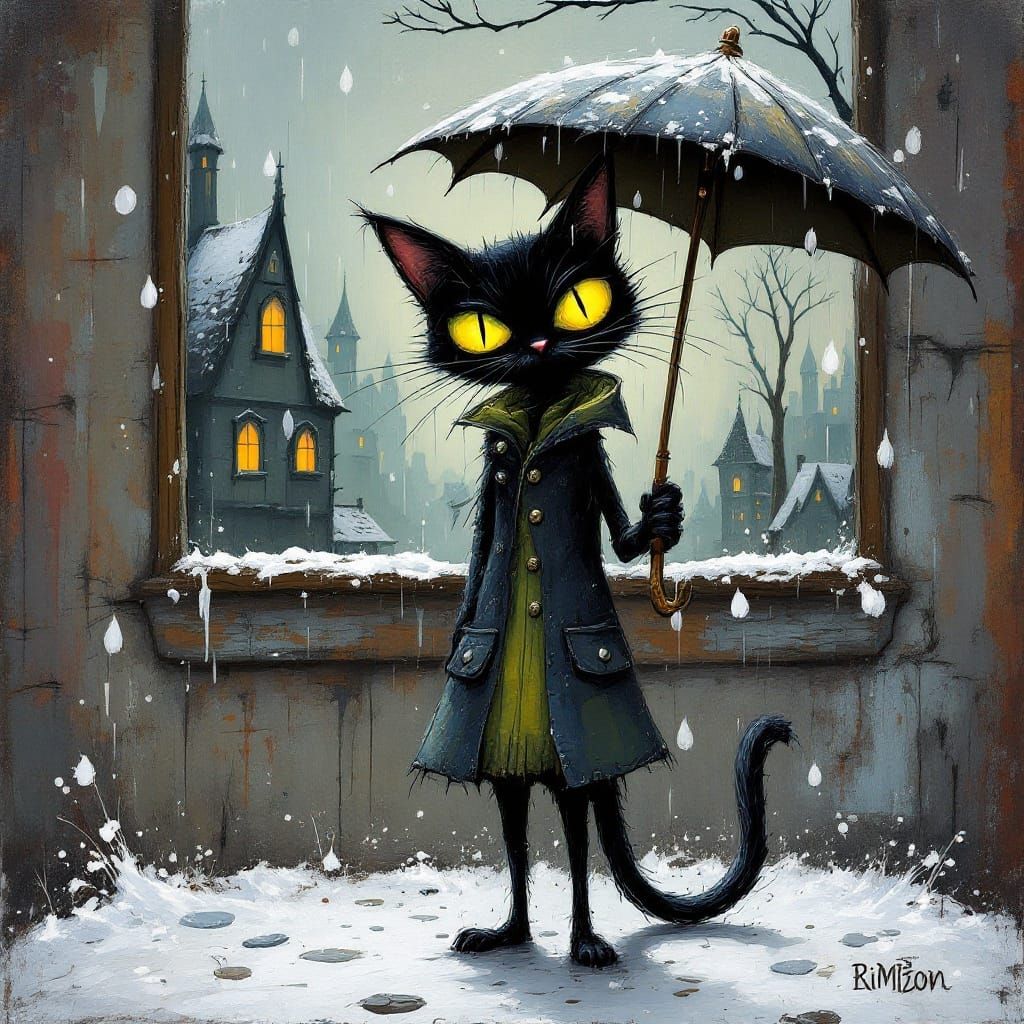 Whimsical Cat Holds Umbrella in Snowy Scene