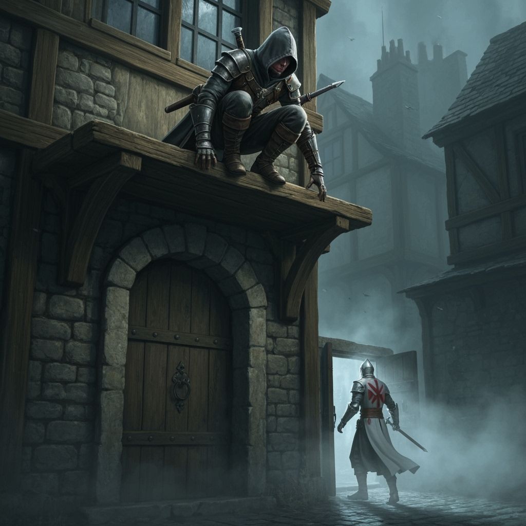 Assassin Drops Onto Templar in Misty Alley