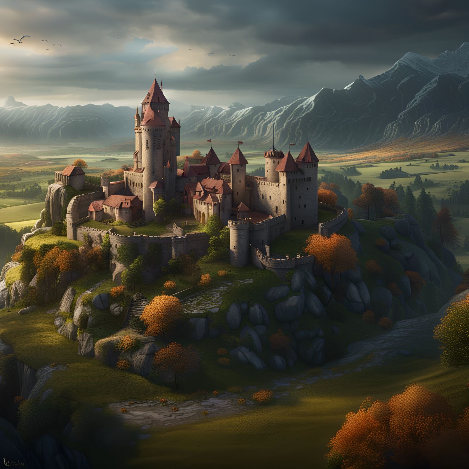 Medieval Castle and Valley in Matte Painting Style