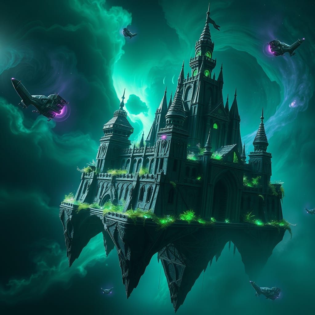 Floating Obsidian Castle in Cosmic Nebula