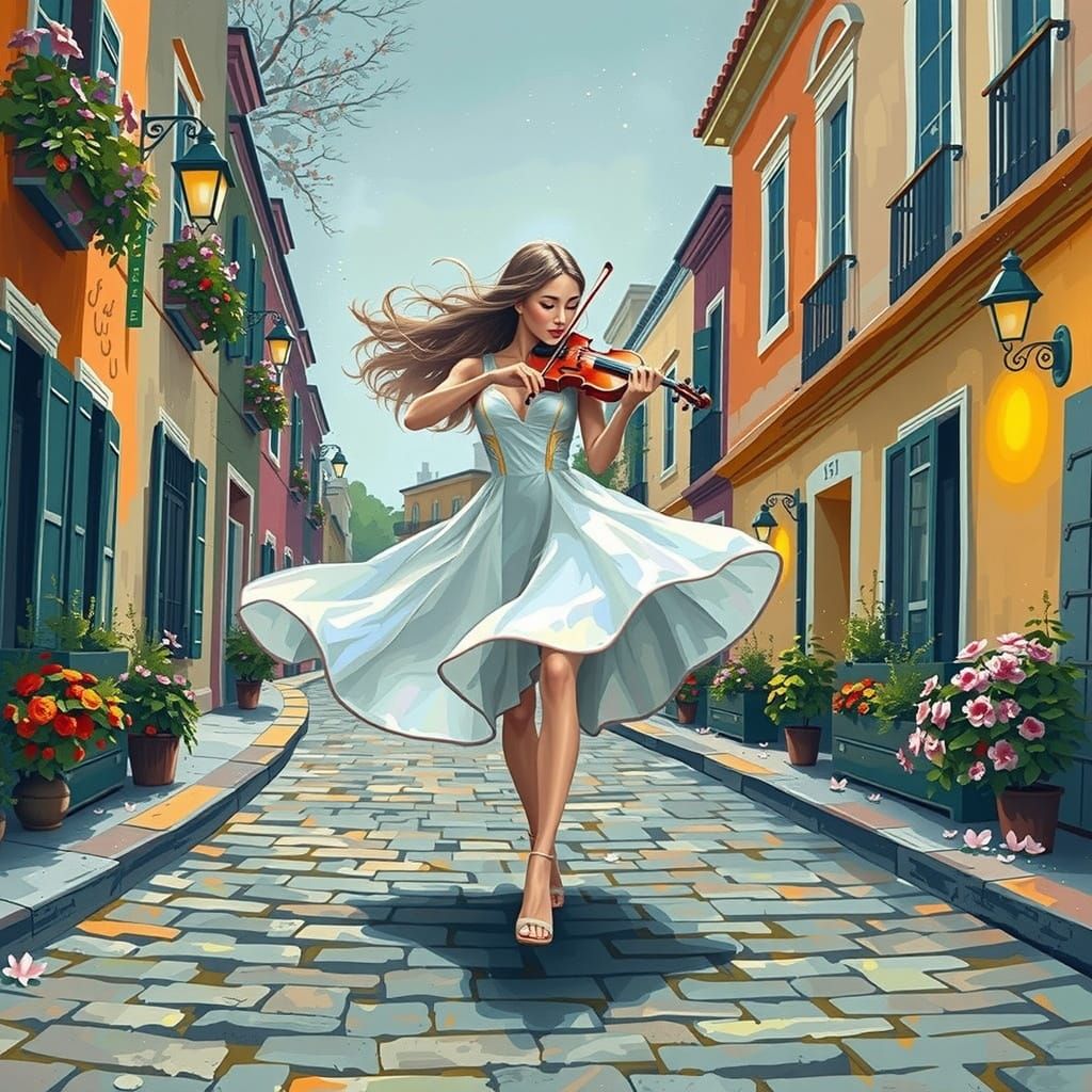 Futuristic Violinist Dances through Neon Cityscape