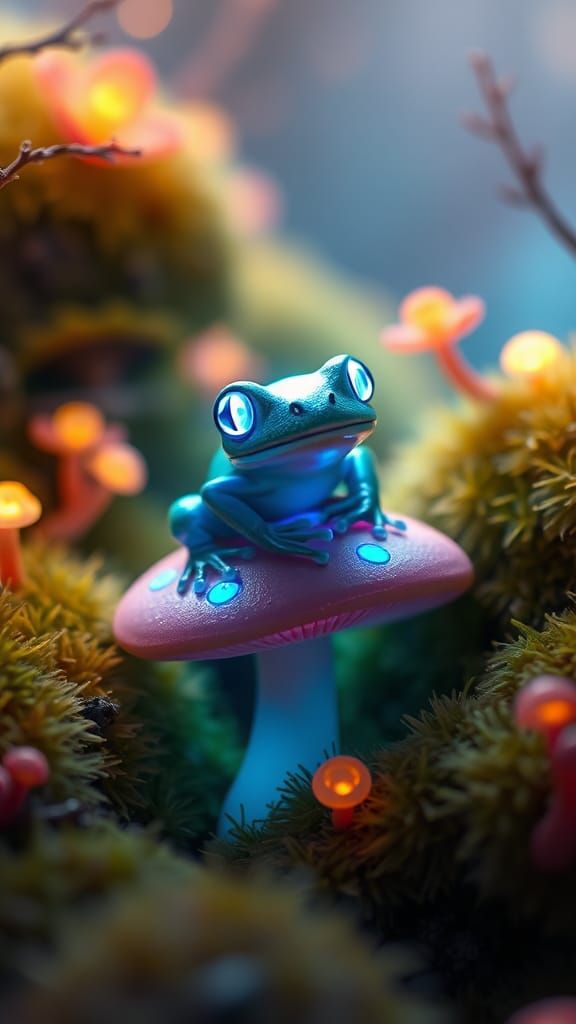An adorable Chibified glowing fluorescent frog in fluorescen...