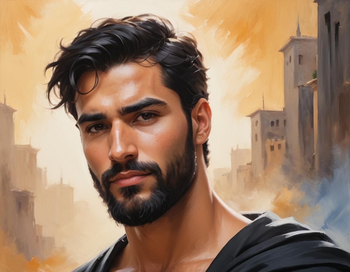 Handsome Arab Man in Black Velvet Bathrobe