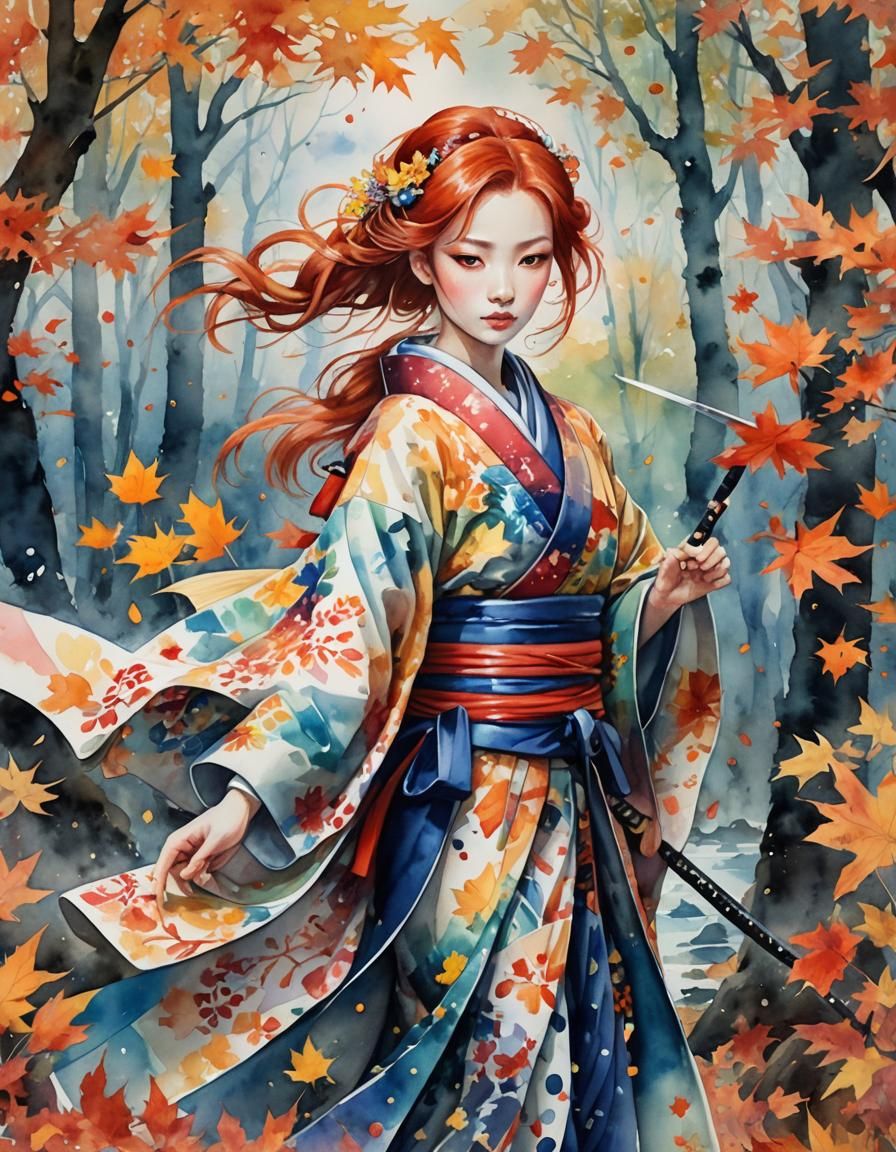 Japanese Princess with Katana in Watercolor Autumn Forest