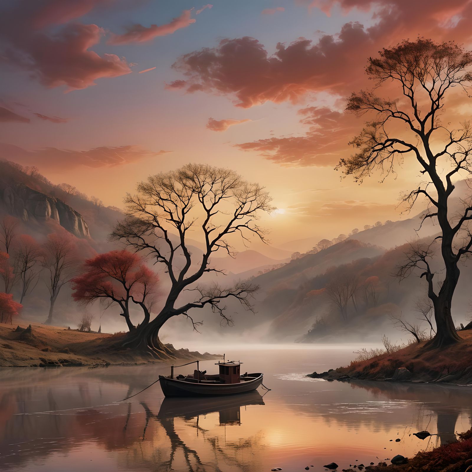 Serene River Scene with Crimson Sky in Detailed Matte Painti...