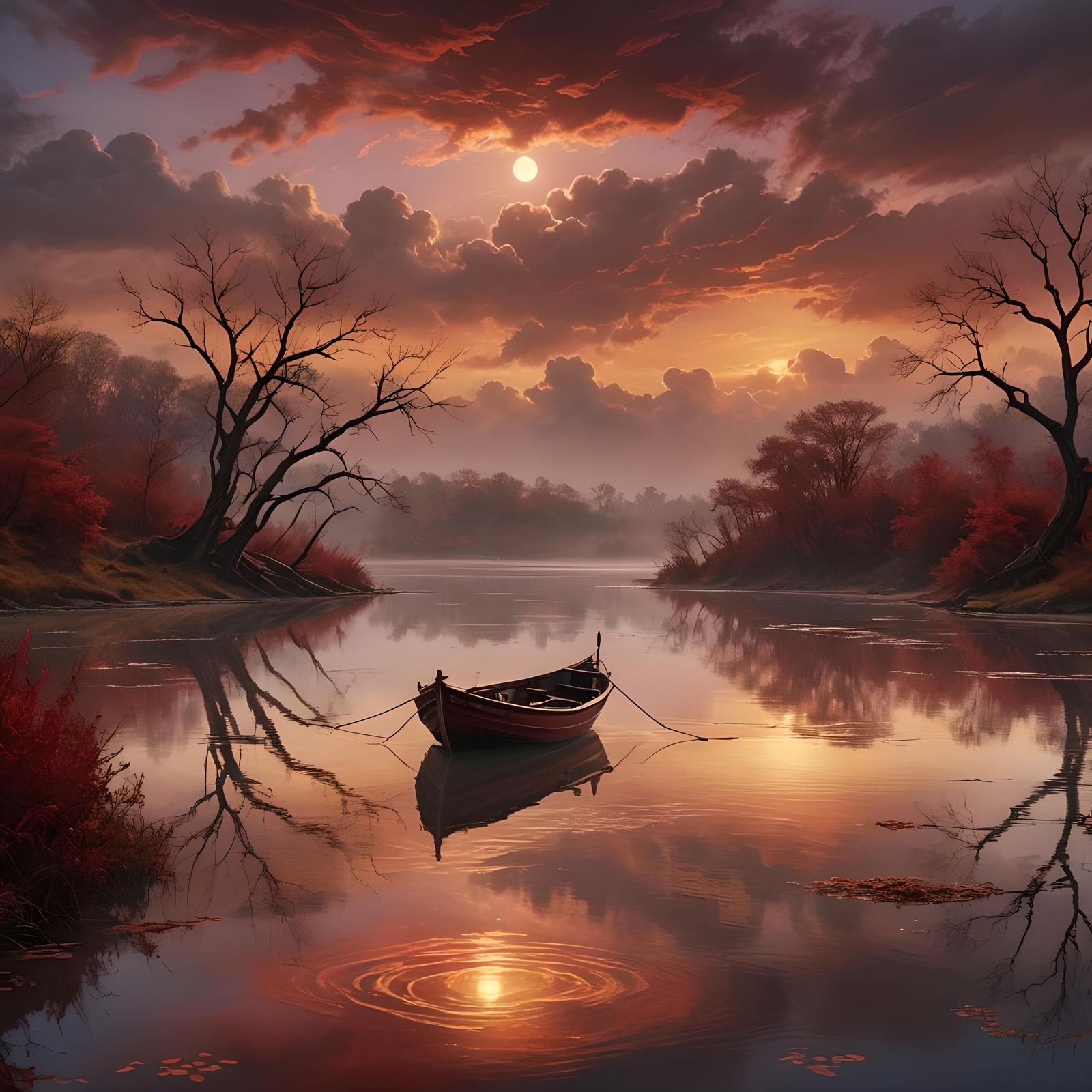 Serene River Scene with Lonely Boat in Detailed Matte Painti...