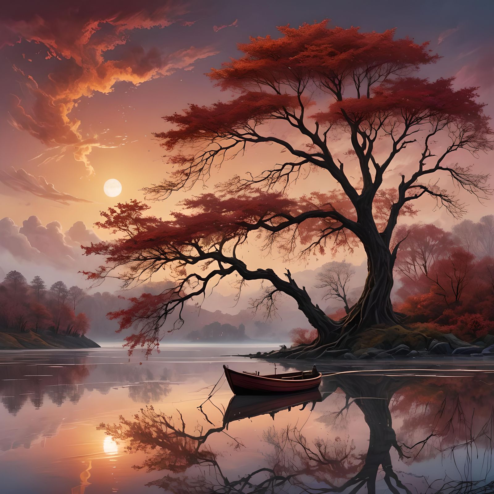 Serene River Scene with Lonely Boat in Crimson Sky