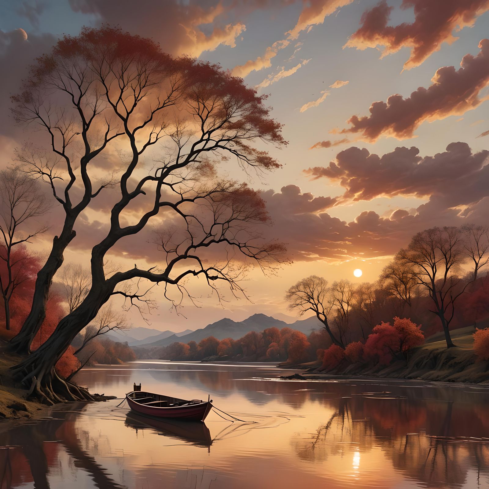 Serene River Scene with Boat in Hyperrealistic Style