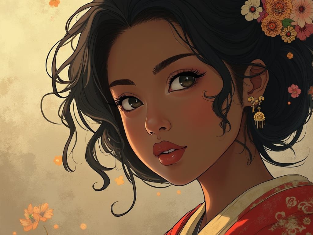 Anime Style Digital Painting of Black Woman in Kimono
