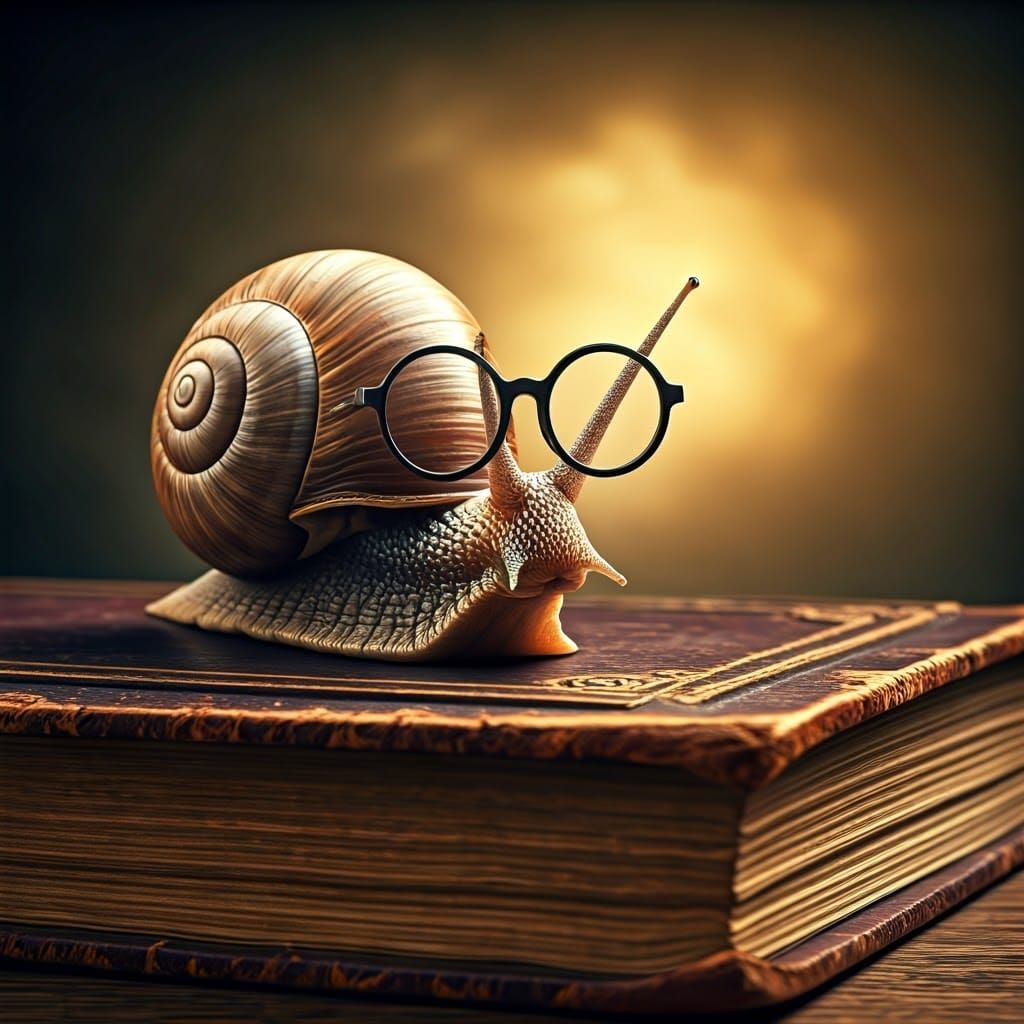 Literary Snail Reads Book in Golden Light
